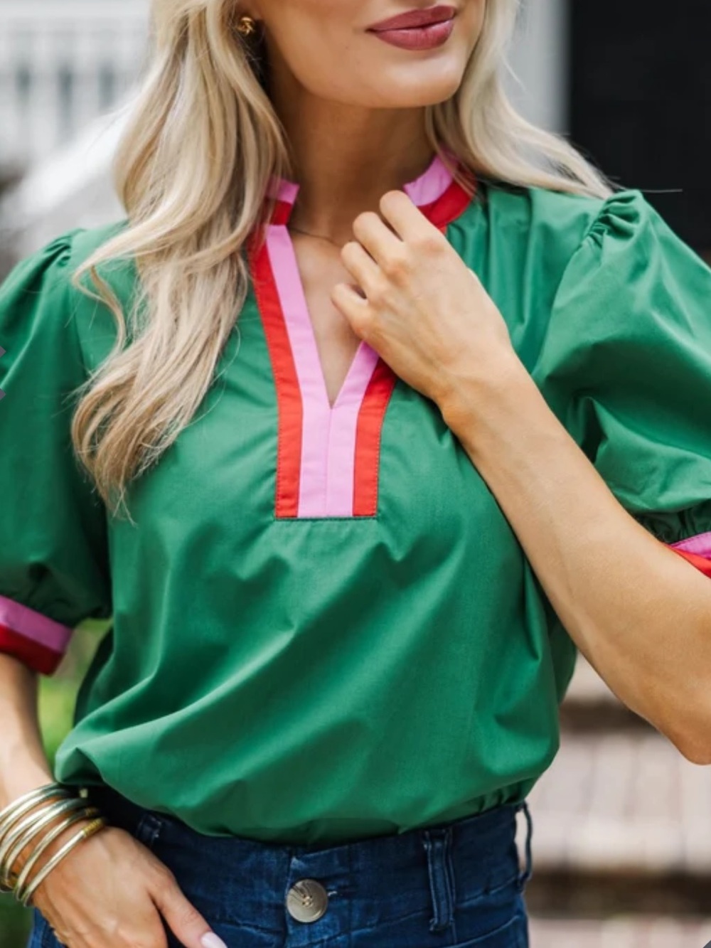THML Green Puff Sleeve V-Neck Blouse with Pink and Red Trim